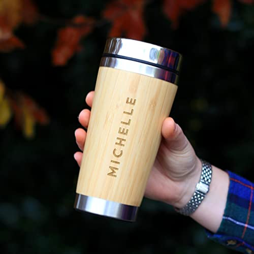 eBuyGB Personalised Bamboo Travel Mug, Insulated 500ml Reusable Drinks Flask, Double Walled Stainless Steel Travel Cup