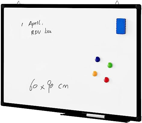 ACAZA Magnetisches Whiteboard mit Aluminiumrahmen und Stiftablage, Magnettafel trocken abwischbar inklusive Schwamm und Stift, ohne Magnete, Magnetwand zum beschriften, schwarzer Rand