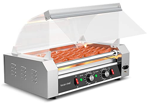 Leconchef Hot dog roller machine Commercial Grade Stainless Steel Electric 24 Hot Dog 7 Roller Grill Cooker Machine with Detachable Glass Cover、Dust cover and LED Lights, 1200-Watts