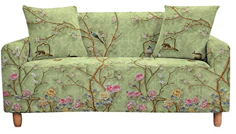 Highdi Vogel Blume Muster Sofabezug Sofaüberwürfe für 1/2/3/4 Sitzer, Armlehnen Sofa Cover Elastisch Stretch Antirutsch Sofa Cover Sofahusse Couchbezug Möbelschutz (Grün,2 Sitzer)