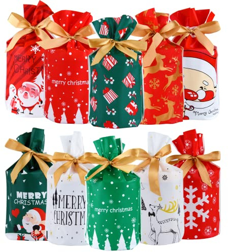 Morcheiong 80 Stück Weihnachtsbeutel mit Kordelzug, Weihnachtsgeschenkbeutel mit Süßigkeiten, Weihnachtsparty Geschenkbeutel, Weihnachts Leckereibeutel (10 Stile)