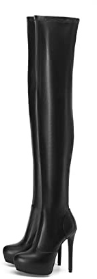 Stivaletto sopra il ginocchio in pelle sintetica nera con plateau, classico stile sexy elasticizzato coscia, Frankie Hsu di grandi dimensioni moda club danza super tacchi alti stivali lunghi per le