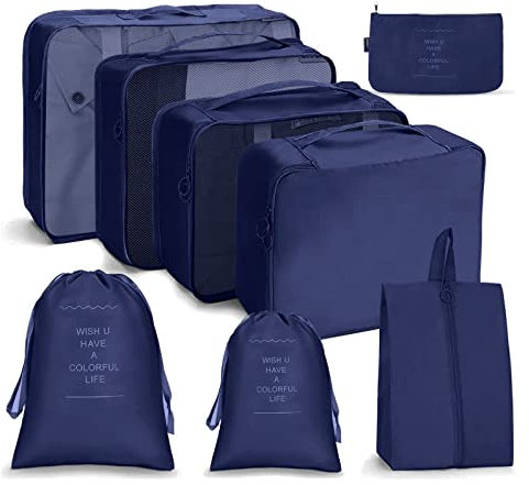 OSDUE Koffer Organizer Set 8-teilig, Packing Cubes, Wasserdichte Reise Kleidertaschen, Packtaschen für koffer, Verpackungswürfel mit Schuhbeutel, USB Kabel Tasche (Navy Blau)