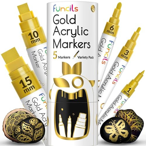 Funcils 5 Acrylic Gold Paint Pen Metallic - Golden Marker Metallic Paint for Wood, Fabric, Canvas, Leaf, Tire, Metal, Glass - Gold Paint Pen Fine Tip, Thin Point & Jumbo (1mm, 3mm, 6mm, 10mm, 15mm)