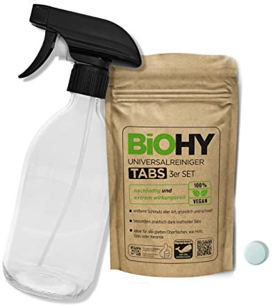 BiOHY Universalreiniger Putzmittel Tabs (3er-Set) + Glas Sprühflasche | nachhaltige Allzweck-Tabletten zum Auflösen | Haushaltsreiniger | mikroplastikfrei | Küchen-, Bad- & Glasreiniger