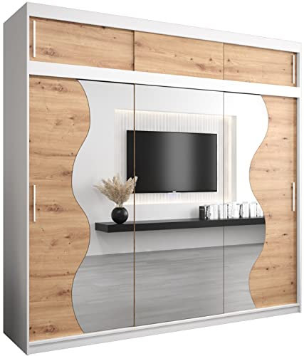 KRYSPOL Schwebetürenschrank Madryt 250 cm mit Spiegel Kleiderschrank mit Kleiderstange und Einlegeboden Schlafzimmer- Wohnzimmerschrank Schiebetüren (Weiß + Artisan Eiche mit Erweiterung)