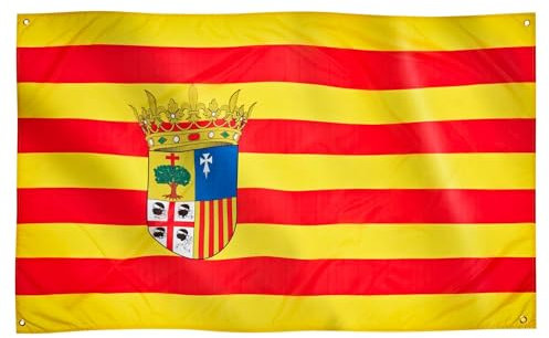 Runesol Bandera de Aragón, 91x152cm, 3ft x 5ft, Bandera Aragonesa, 4 Ojales, Ojal en las Esquinas, La Cruz de San Jorge, España, Banderas Premium, Exterior, Colores Vívidos, Día de la Constitución