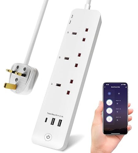 EXTRASTAR Smart Extension Lead 3 Outlets Surge Protected 1.4M, Wifi Extension Lead with 3 USB Ports (2 USB A+1 USB C), Smart Extension Lead Compatible with Alexa Assistant for Home and Office