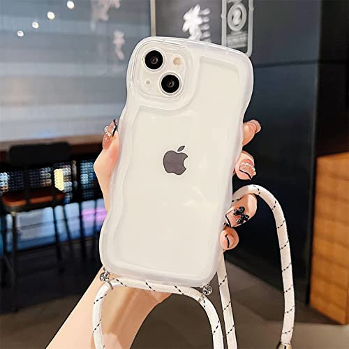 Rokmym Coque pour iPhone 13 avec Cordon de Collier, Transparent Coque Grande Bordure ondulée en Silicone Bumper Coque (Longueur réglable) Protection Anti-Choc Housse pour iPhone 13