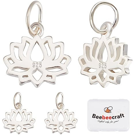 Beebeecraft 1 Scatola 5 Pezzi Ciondoli Fiore di Loto 925 Ciondoli Ciondolo Fiore Piatto Rotondo Stile Tibetano in Argento Sterling con Anello di Salto per Orecchini Bracciale