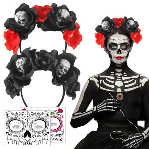 2 Pièces Bandeau Jour des Morts Halloween,Bandeau De Jour des Morts,Serre Tete Fleur Halloween,Halloween Dia De Los Muertos Déguisement Halloween Femme,pour Fête Deguisement Maquillage Carnaval