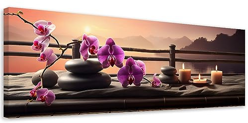 Feeby Bilder Orchidee Zen Spa 90x30 cm 1 tlg Modern Leinwandbilder Bild auf Leinwand Kunstdruck Wand Bild Wanddeko Design Schlafzimmer Büro Flur Hotel Spa Wohnzimmer Wasser Kerzen Steine Violett