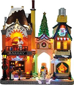e4fun Villaggio di Natale/scena: Bakery Villaggio di Natale con illuminazione a LED, musica e albero di Natale rotante, incluso adattatore di alimentazione