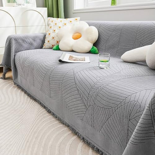 Bezug Sofa 180x300cm, Blatt Strukturiert mit Fransen Sofabezug 3 Sitzer Sofaüberwurf Kratzfest Grau Sofa Überzug für Ledersofa