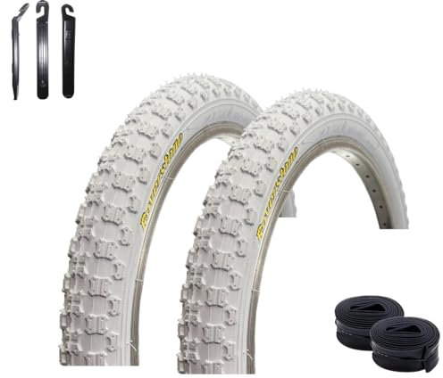 2 x Roverstone 20 Fahrradreifen Fahrradmantel Weiß 54-406 (20 x 2,125) + 2 x passende Schläuche AV inkl. Reifenheber