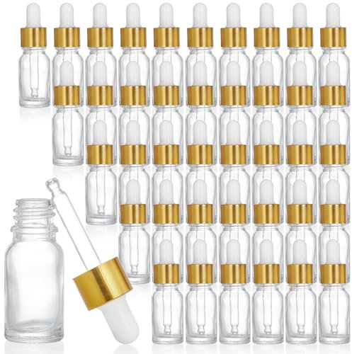 Lawei 40pcs Eye Dropper Bottle 10ml Empty Mini Bottles with Dropper Pipettes Golden Aluminum Alloy Cap Refillable Sample Container for Essential Oils Perfume Cosmetic Liquid
