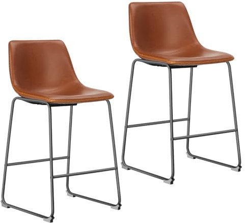 NEWBULIG 2er Set Counter Height Barhocker mit lehne, Matel Leder tresenstuhl für Bar Bistro Café Küche, Stuhl Sitzhöhe 66 cm, Whiskey Braun