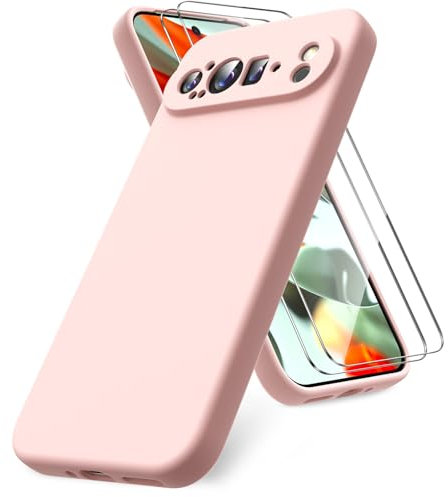 Vansdon Cover Compatibile con Google Pixel 9 Pro XL, 2 Pellicola Protettiva in Vetro Temperato, Gomma Gel di Silicone Liquida Antiurto Custodia - Rosa