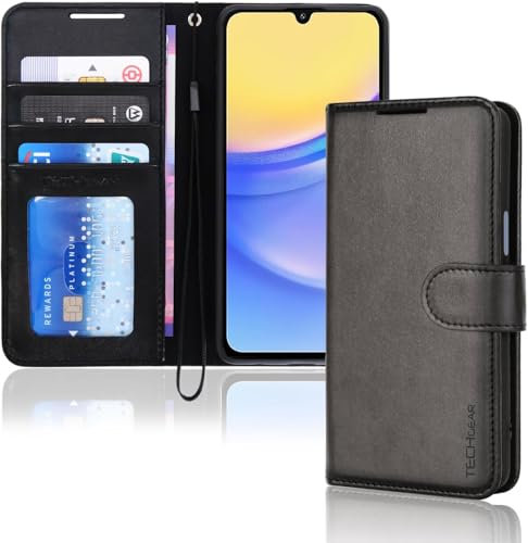 TECHGEAR Wallet Case Compatible with Samsung Galaxy A15 5G / 4G Phone, Flip Protective Case Cover [RFID BLOCKING] with Card Holder, Magnetic Closure, Stand & Wrist Strap - Black PU Leather