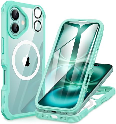 CENHUFO Magnétique Coque iPhone 16, Compatible avec MagSafe intégré Verre Trempé Protection écran et Protecteur Caméra [9H HD] 360° Antichoc Téléphone Housse Double Face Case Intégrale Etui - Vert