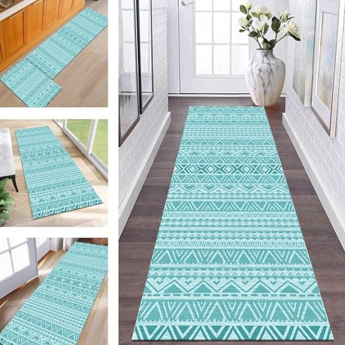 ZESEWU Teppich Läufer Flur Küche Waschbar rutschfest Korridor Teppichmatten 50X150CM Türkis Boho Lang Küchenteppich Flurteppich Schlafzimmer Esszimmer Polyester Teppichläufer Meterware Anpassbar