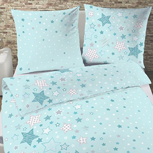 Sterne Biber Mädchen Bettwäsche Stars Sternchen Mint - Kissenbezug 80x80 + Bettbezug 155x220 cm - 100% Baumwolle (80x80 + 155x220)