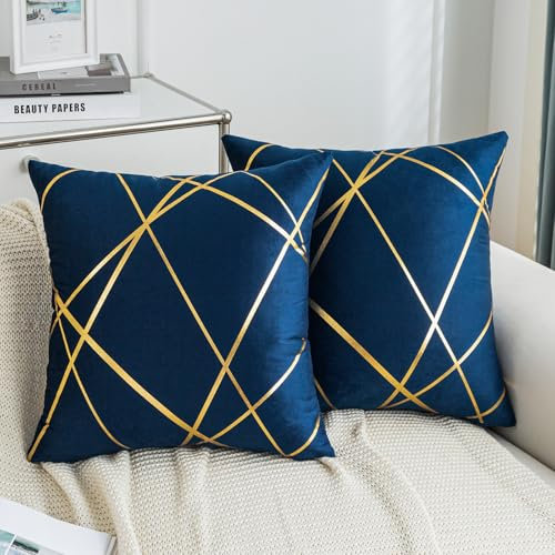 Kissenbezug 50 x 50 cm Dunkel Blau Sofakissen Herbst Kissenbezüg mit Gold Geometrie Linie Kissenhülle Modernes Dekokissen Samt Zierkissen 2er Set für Schlafzimmer Couch Sofa Bett