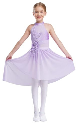 Aislor Abito da Pattinaggio Artistico Bambina Body Danza Classica con Gonna Tulle Strass Leotard Senza Manica Fiori Vestito da Latino Ballo Lirico Dancewear Viola 11-12 anni