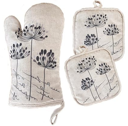 LA'CHERIR® Ofenhandschuhe und Topflappen-Set，Weiche, hitzebeständige und rutschfeste Ofenhandschuhe aus Leinen-Polyester. Maschinenwaschbar für Backofen, Grill & BBQ (beige)