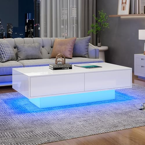 Merax Couchtisch Weiß Hochglanz, Wohnzimmertisch mit LED Beleuchtung, Kaffeetisch mit 2 Stauraumschublade, Moderner Sofatisch Beistelltisch Teetisch, Eleganter Mitteltisch Rechteckiger, für Wohnzimmer