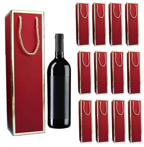 Lot de 12 sacs pour bouteilles de vin en papier kraft avec poignée - Organisateur de vin en kraft pour mariage, fête - Rouge