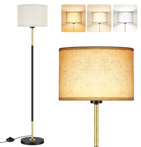 OUTON Stehlampe Wohnzimmer 3 Farbtemperaturen, LED Stehleuchte mit 9W E27 Glühbirne & Fußschalter, Modern Vintage Design Leselampe mit Leinen Lampenschirm für Schlafzimmer, Büro (Schwarz Gold)