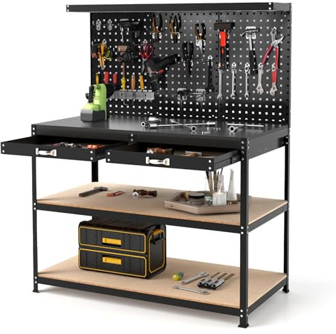 GYMAX Établi Garage Atelier avec Table de Travail, 24 Crochets pour Rangement d'Outils, Panneau Perforé, 2 Tiroirs, 3 Etagères Ouvertes, Charge Max. 230 KG(Noir)