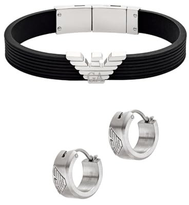 Emporio Armani Herren Silberfarbenes Silikon Armband und Ohrringe Edelstahl, Set
