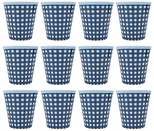 Enforose 12Pcs Blue Grid Melamine Drink Cups – sturdy Mug Set for Milk, Tea, Coffee & Beverages | 8.6x9cm