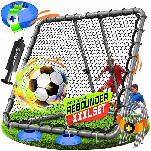 KESSER® Fußball Rebounder 128x128 cm | Verstellbares Trainingsnetz | Pass- und Schusstraining | inkl. Luftpumpe, 6 Markierungshütchen & 4 Widerstandshaken | für Handball, Volleyball | Prellwand