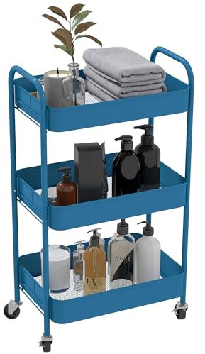 HOMCOM Desserte Chariot de Rangement en Acier Chariot de Service à roulettes 3 Niveaux Plateaux ajourés - 45 x 30,6 x 79 cm - Bleu foncé