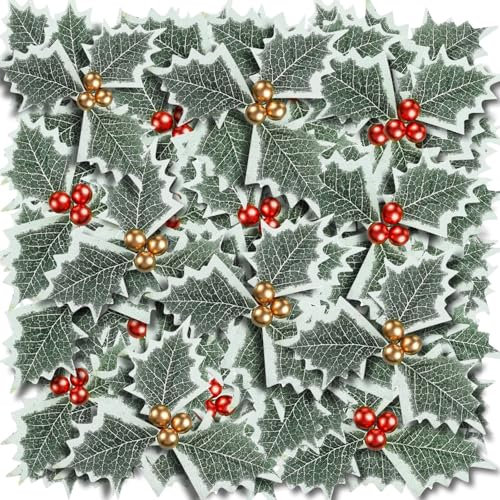Funabridge Set di 48 bastoncini artificiali a forma di bacche di agrifoglio, ornamenti per albero di Natale e ghirlande, con bacche rosse, palline dorate, decorazioni invernali