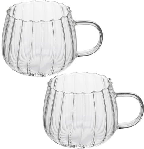 Lot de 2 tasses en verre transparent en forme de citrouille avec poignée, 355 ml, résistantes à la chaleur, pour café, thé, lait, pour la maison, le bureau, le micro-ondes