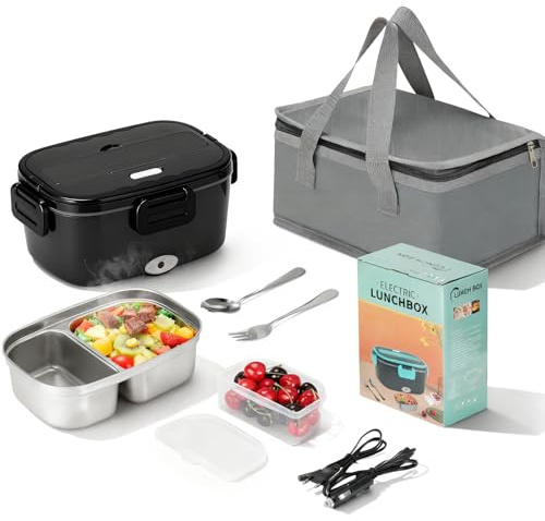 VINATO Scaldavivande Elettrico Portatile 1.5L, Porta Pranzo Elettrico 60W,Lunch Box Elettrico,Portavivande Elettrico per Auto/Ufficio, Con Forchetta/Cucchiaio E Borsa Termica