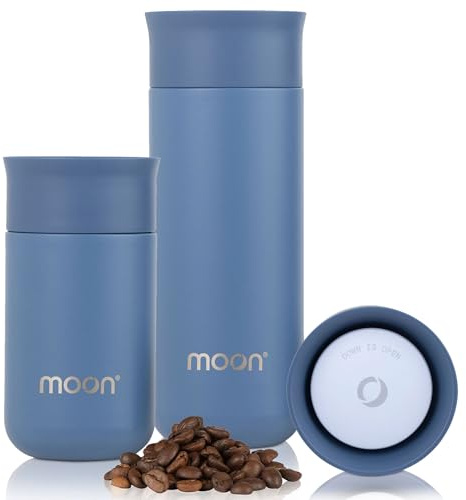 Moon 360° Insulated Travel Mugs, Leak Proof Reusable Coffee Cups - Pro Version for Performance & Easy Clean - Leakproof Flask for Hot & Cold Drinks - Fits Car Cup Holders, UK Company (260ml, Blue)
