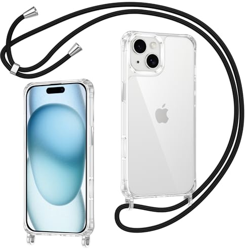 Coiwxmoi Coque pour iPhone 15 Plus avec Cordon, Transparente [Anti-Jaunissement] [Antichoc] Coque TPU Bumper Silicone Housse avec Lanière Collier Réglable Protection Case pour iPhone 15 Plus, Noir
