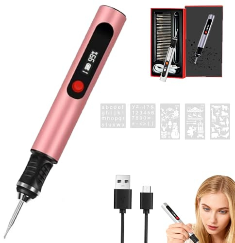 Creative Pen Gravierstift für DIY & Kunstprojekte, Kabelloser Tragbarer Gravur Stift, Gravieren Sie über 50 Oberflächen, Anfängerfreundlich, Wiederaufladbar, Inklusive 30 Bits und 5 Schablone (PINK)