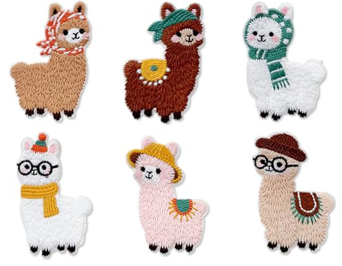 Dermalyx 6 Stück Bügelflicken Kinder, Tier Aufnäher Zum Aufbügeln, Bestickte Patches Mit Lama-Design, Bügelbilder Für Textilien, T-Shirt, DIY Applikationen Zum Aufnähen