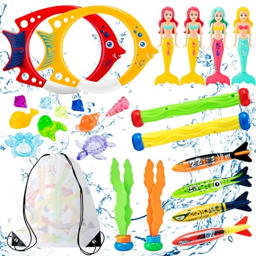 Mactoou Juguetes de Buceo, 24 Piezas Juegos Piscina para Nadar Bajo el Agua Conjunto para Niños, Juguetes Piscina Verano Acuáticos con una Bolsita para Niños