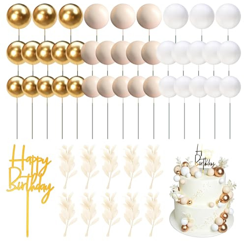 50 Pcs Boho Cake Decorations Set, Khaki Gold Non-Edible Cake Toppers with Palm Leaves Cakes Balls, Bohemian Cupcake Inserts, Party Supplies for Birthday, Wedding, Baby Shower and Christening