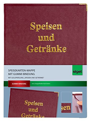 SIGEL SM102 Speisekarten-Mappe für A4, Menükarte, mit Gummi-Bindung, bordeauxrot mit Goldprägung, strapazierfähig und leicht abwischbar