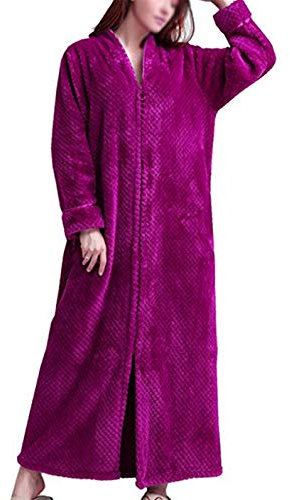 DSNOW Ladies Zip Fleece Waffle Long Dressing Gown Fluffy Towelling Bathrobe Sleepwear, Rose Red, XL