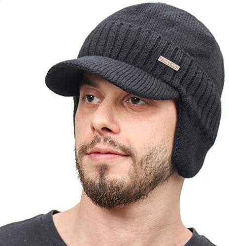 Winter Beanie w/Visor & Earflaps for Men Outdoor Fleece Hat Scarf Set, Beanie Black, One size