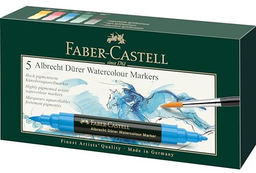 Faber-Castell 160305 Aquarellmarker Albrecht Dürer mit Doppelspitze für flächigen und präzisen Farbauftrag, 5er Etui, bunt
